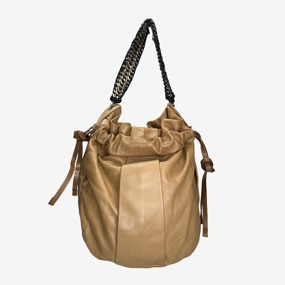 Marni Tan Leather Drawstring Tote with Woven Chain Strap Made in Italy